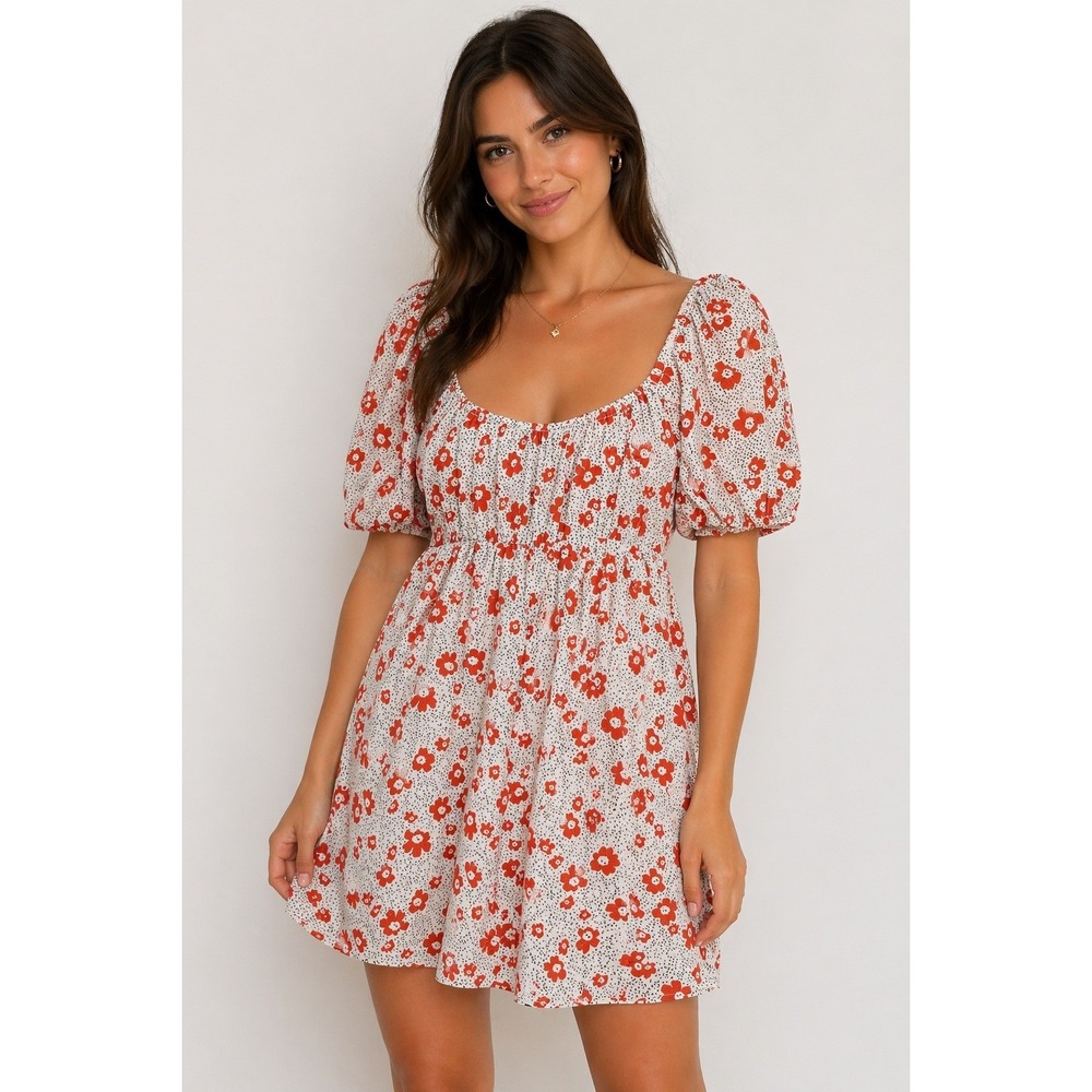 Lush Red Floral Polka Dot Milkmaid Mini Dress Puff Sleeve LD43156B-FCI Small